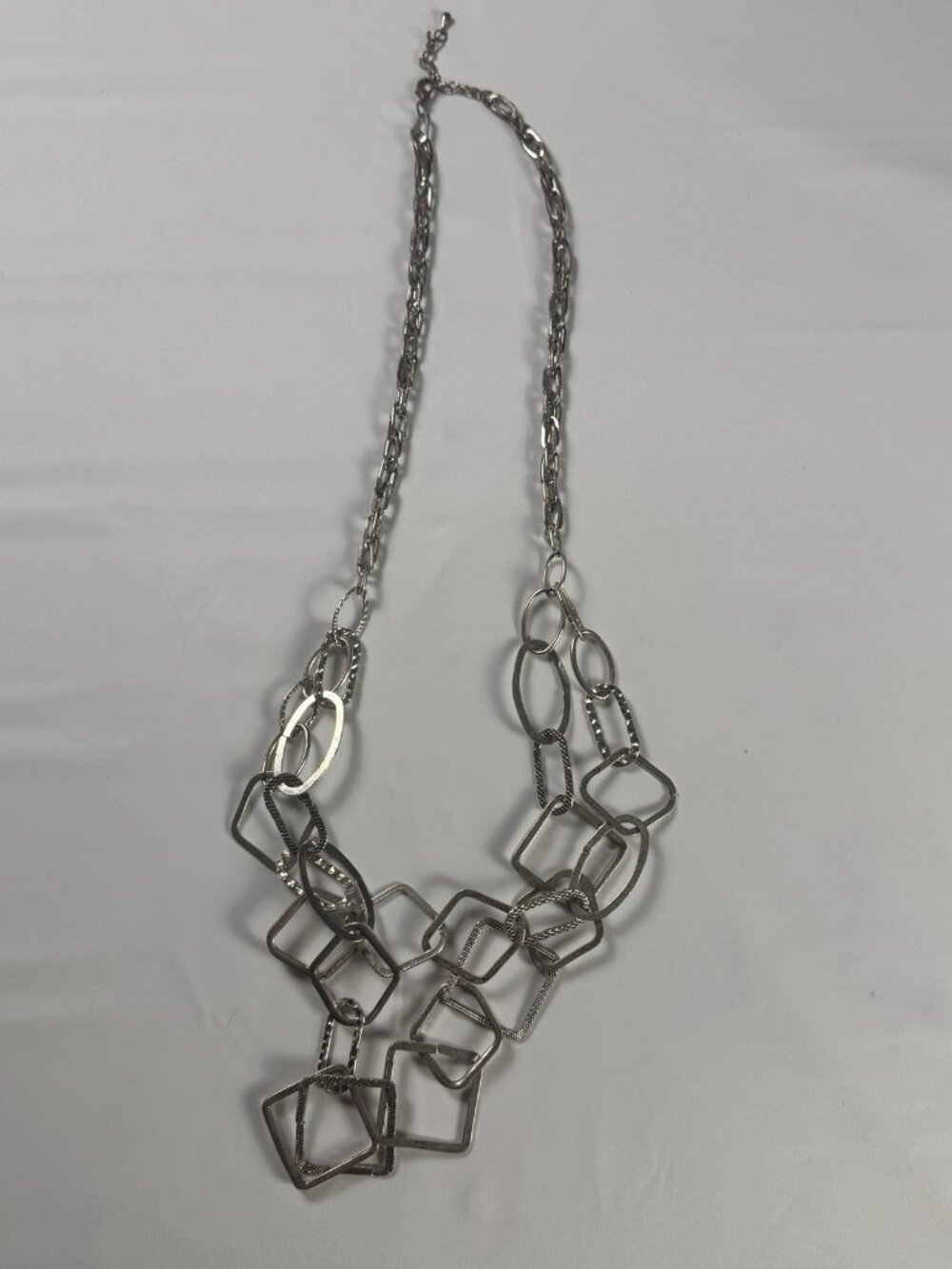 Vintage Silver Plated Multi Strand Link Chain Necklace Tiered Geometric Bib 35"